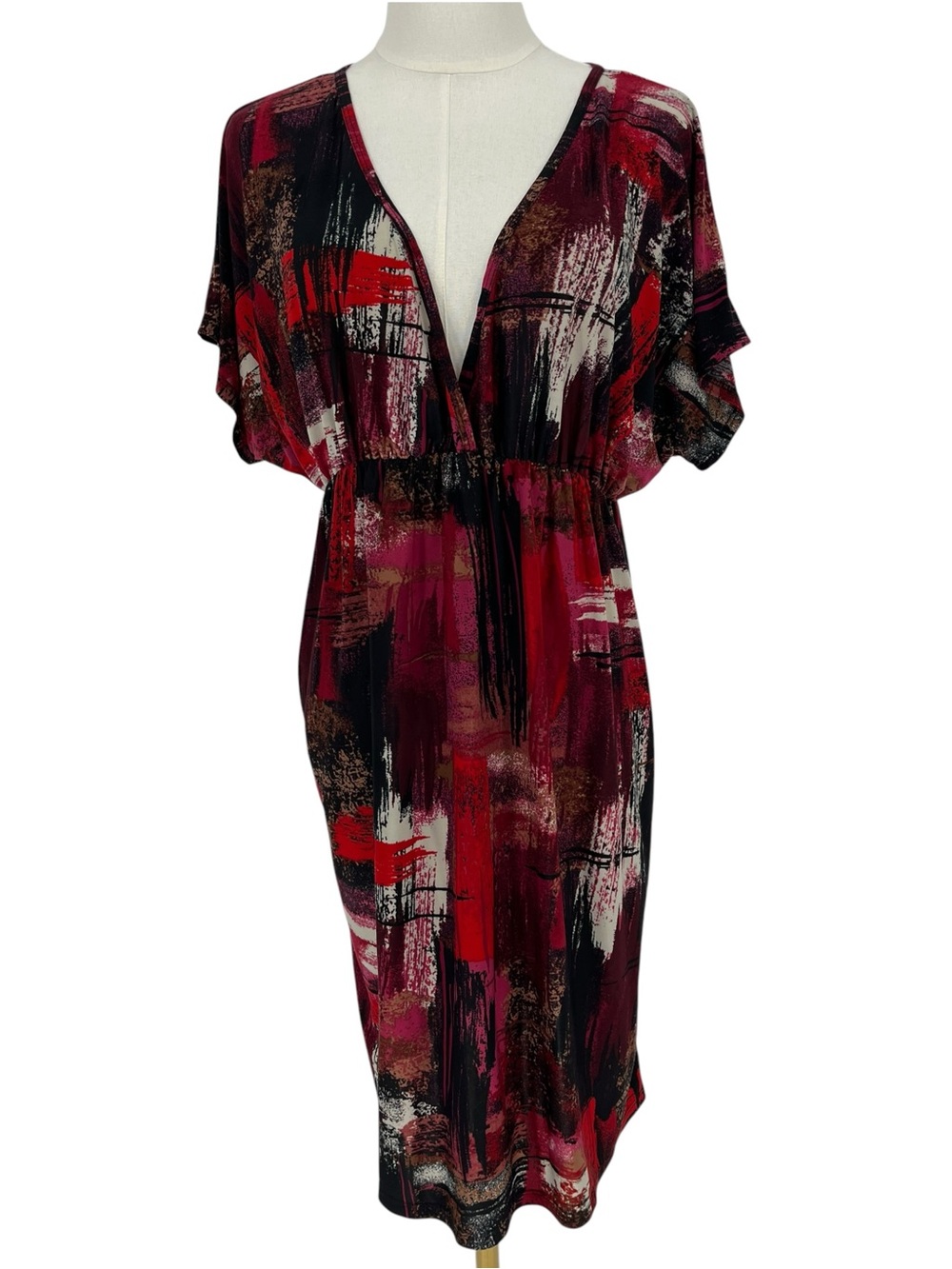 Abstract Brushstroke V-Neck Midi Dress Red Black Burgundy Size M